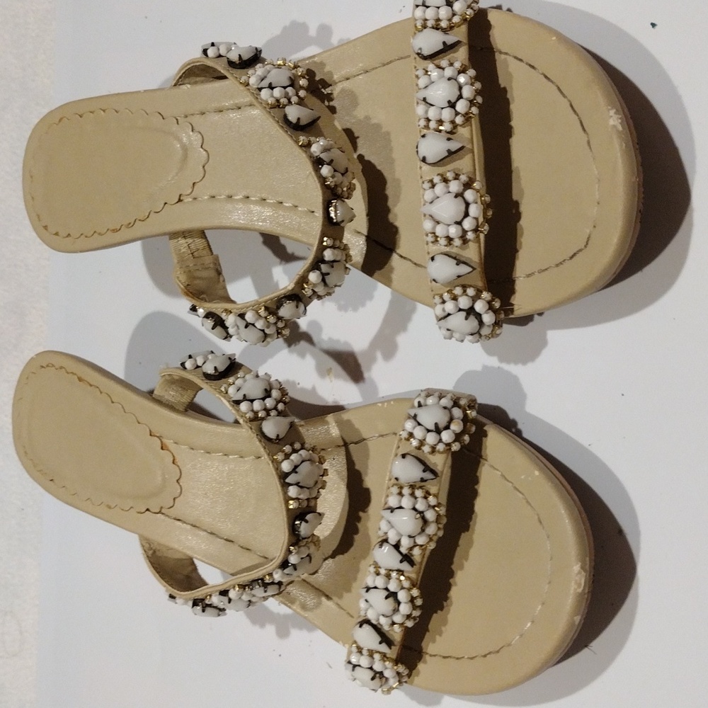 Chic And Stylish,Beige 2 inch heel white embossed With Stone Sandal - Picture 3 of 6